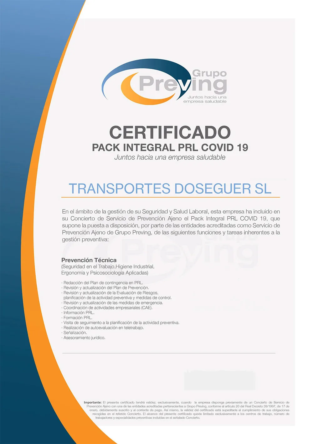 Integral PRL COVID 19 Pack certificate from Grupo Preving issued to Transportes Doseguer SL, listing the technical prevention services included.