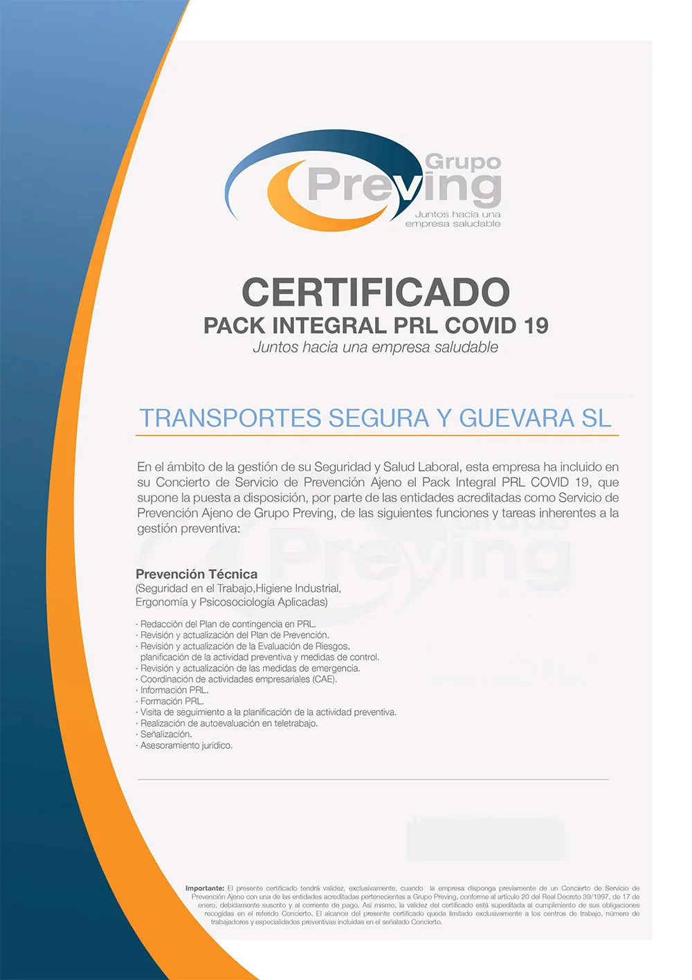 Integral PRL COVID 19 Pack certificate from Grupo Preving issued to Transportes Segura y Guevara SL, listing the technical prevention services included.