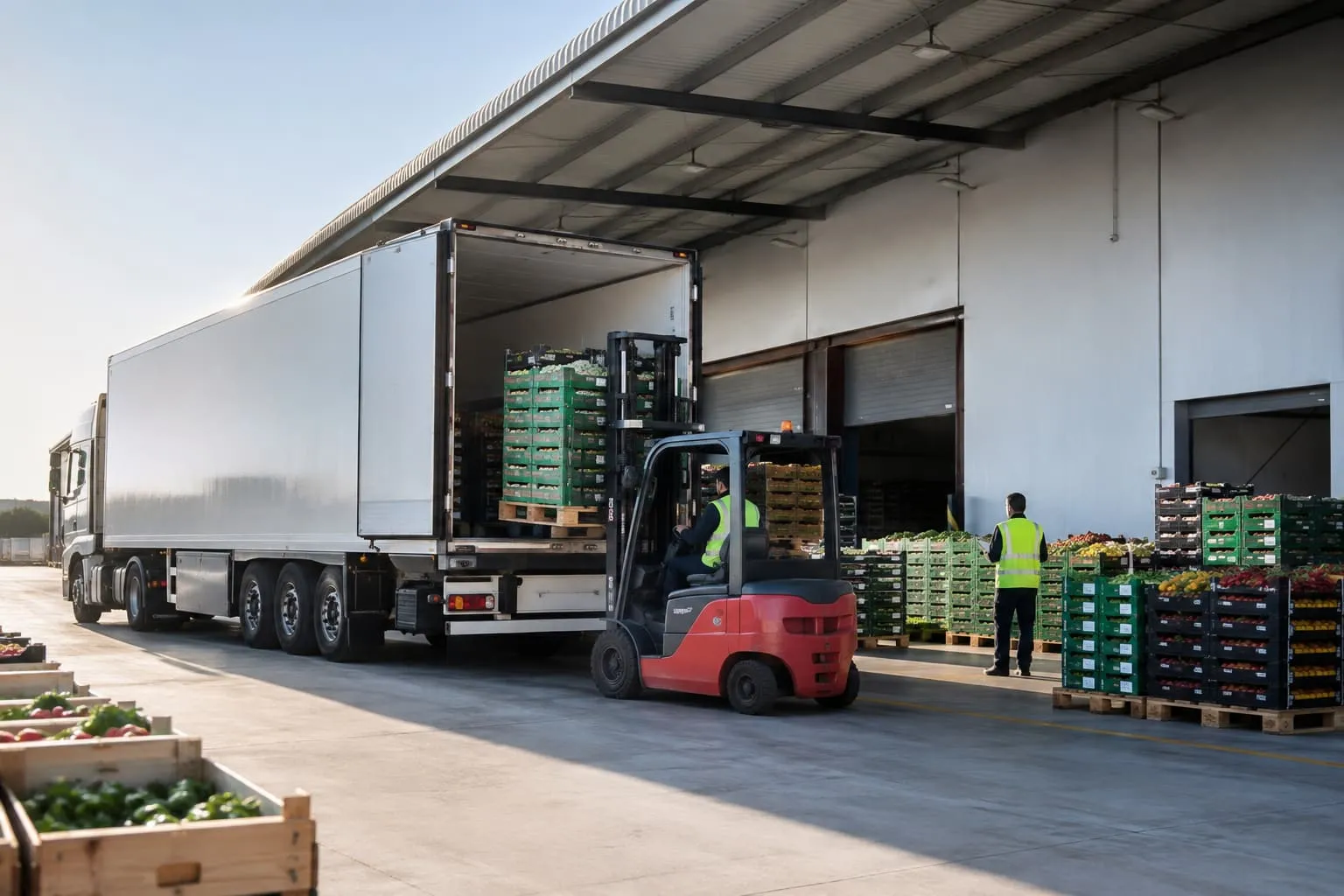 Fresh-produce pallets being loaded at a bay